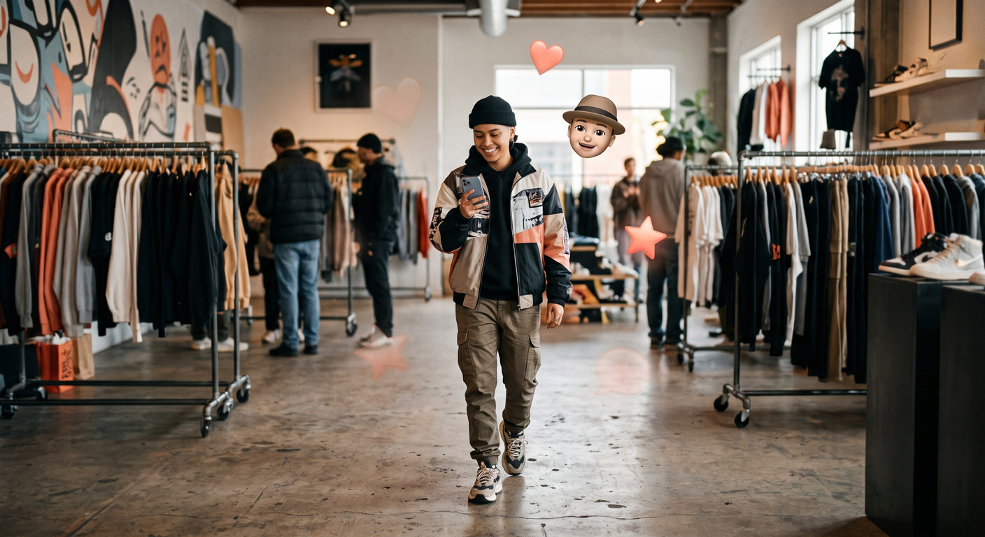 Um creator numa loja de streetwear olhando o celular, poucos emojis coral discretos e um único memoji em destaque, o superfã reconhecido.