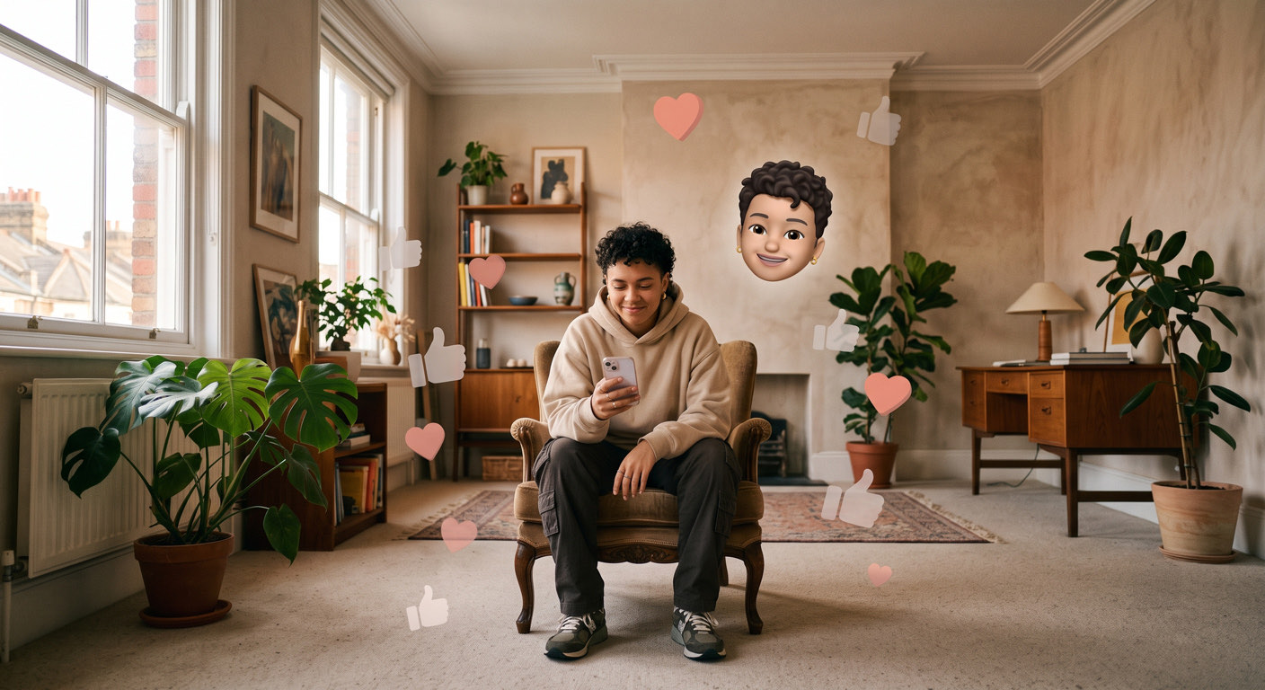 Um creator olhando o celular num café, com emojis sociais discretos flutuando e um único memoji em destaque ao lado.