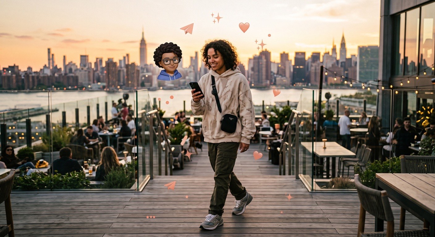 Um creator num rooftop no fim de tarde olhando o celular, aviõezinhos e reações coral discretos e um memoji em destaque.