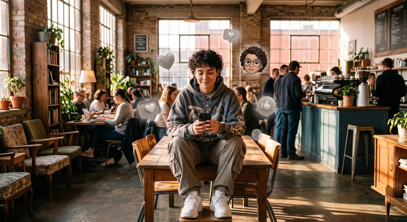 Um creator num home office cheio de plantas olhando o celular, balões de comentário e bookmarks coral discretos e um memoji em destaque.