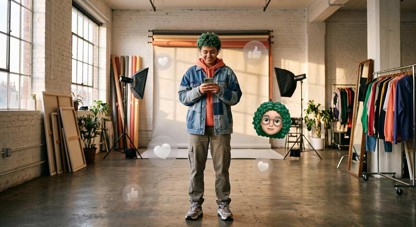Um creator no celular num café movimentado, poucos emojis coral discretos ao redor e um único memoji em destaque ao lado, a pessoa reconhecida na multidão.