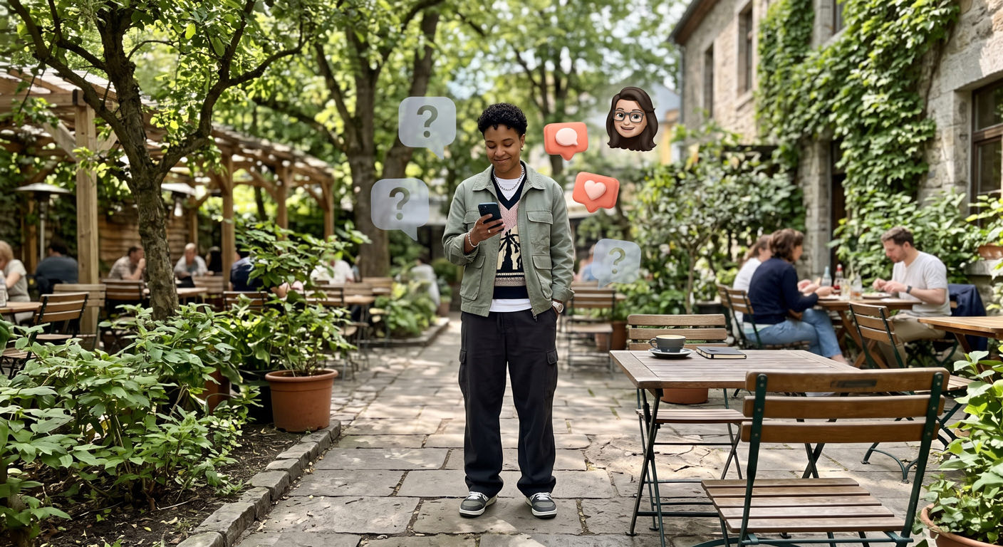 Um creator numa varanda de café ao ar livre olhando o celular tranquilo, alguns pontos de interrogação cinza se apagando e um memoji quente em destaque.